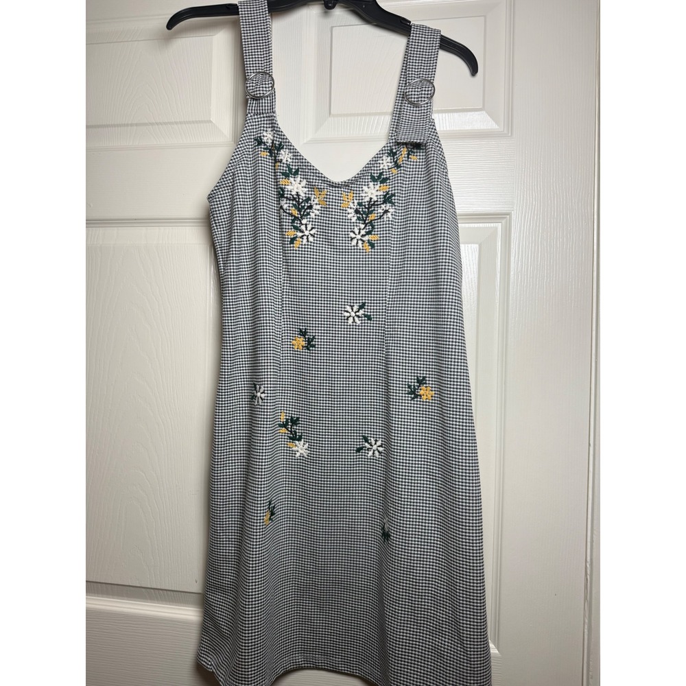 Topshop‎ Gingham Floral Embroidered Mini Pinafore Dress Black White US 10 NEW